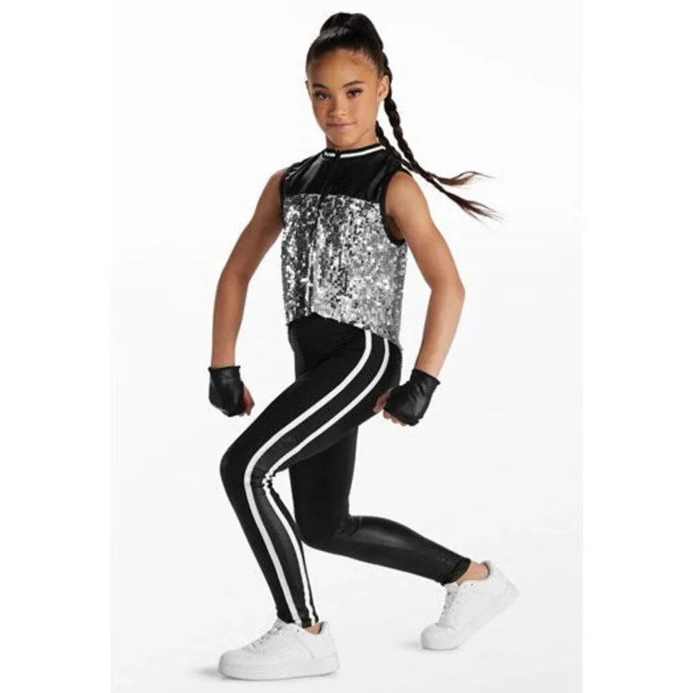 Pre-Owned Dance Costume Weissman 15469 Medium Child Silver 2 pc Hip Hop Sequin